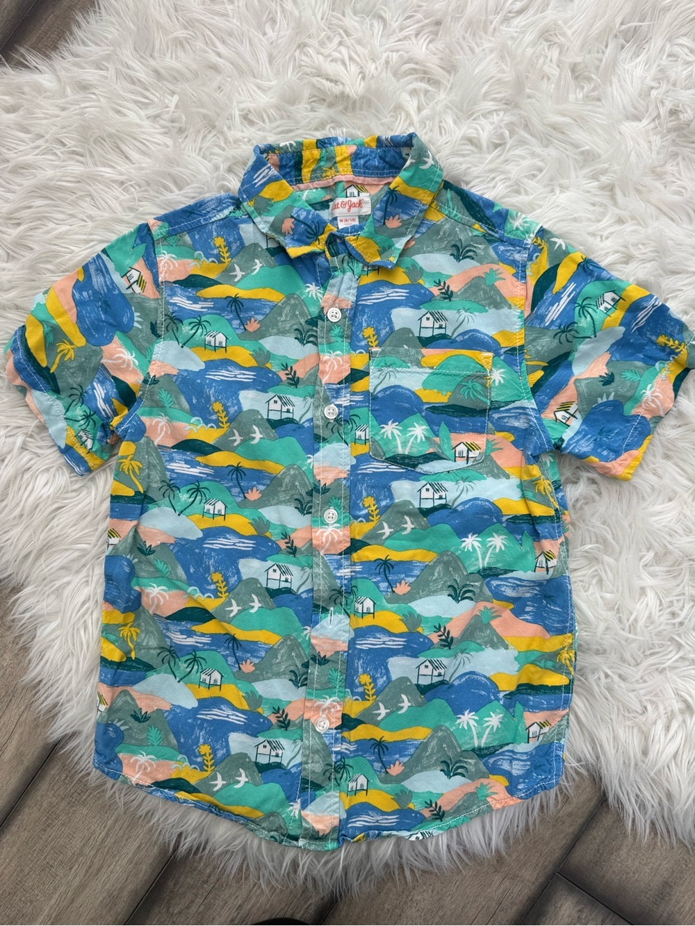 Kids Tropical Print Cat & Jack Button-Up Shirt in Teal & Yellow